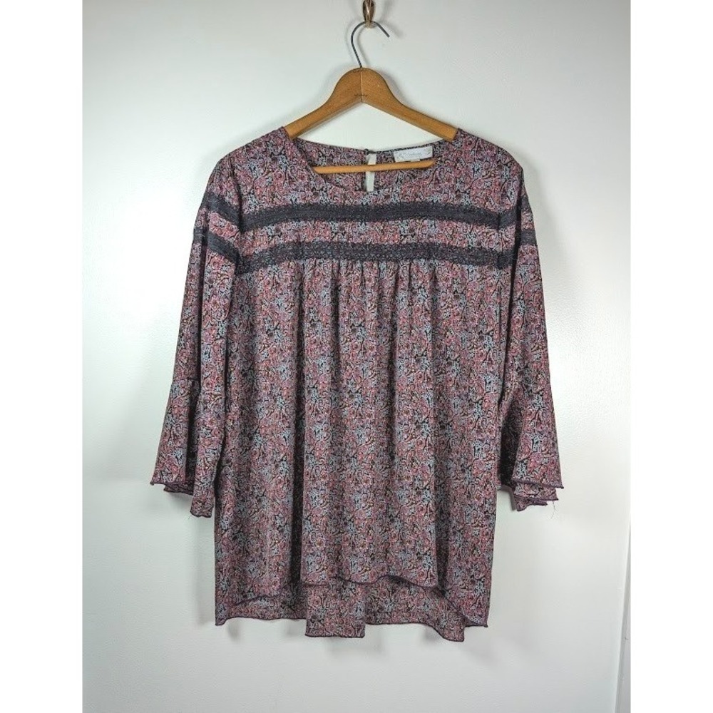 Weekend Suzanne Betro Tunic Top 2X Peasant Boho Hippie Paisley 3/4‎ Bell Sleeve